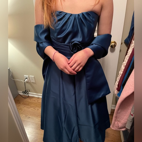 Mori Lee Teal Tea Length Cocktail Dress - Picture 1 of 9